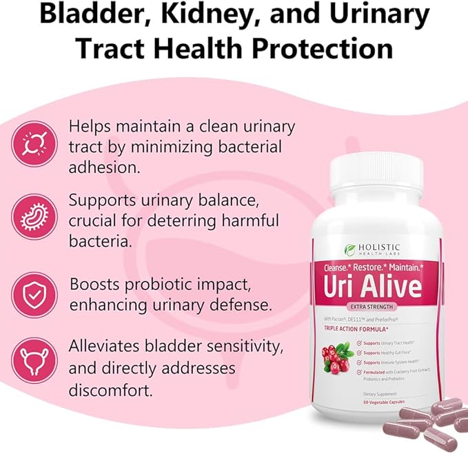 Uri Alive Extra Strength Urinary Support Supplement for Urinary Tract, Bladder, Gut Flora, and Immune System Health (60 Count (Pack of 1))