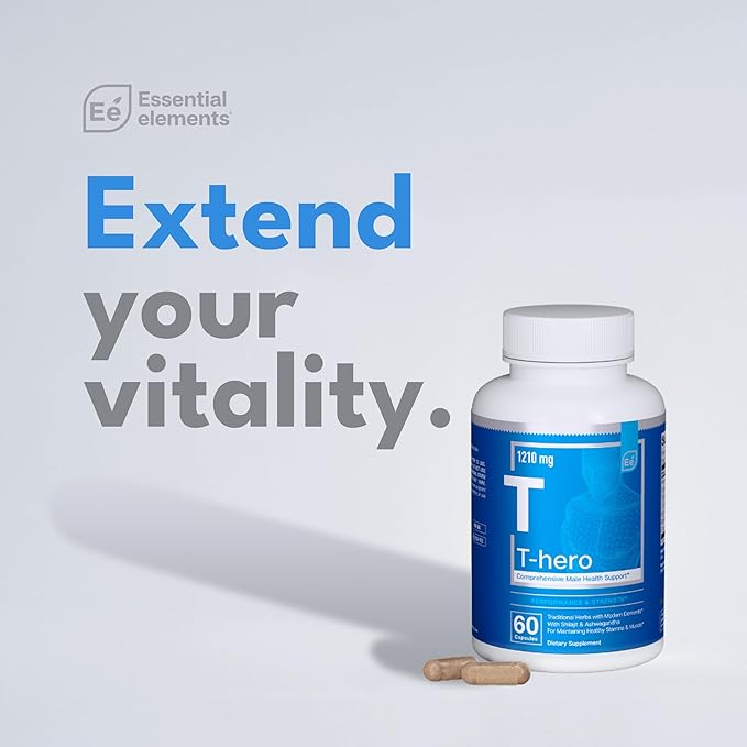 Essential Elements Male Health Supplement - Muscle Support & T-Health with DIM, Ashwagandha, Shilajit, More | T-Hero 60 Vegan Capsules (2-Pack)