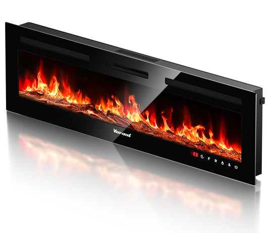 Electric Fireplace 60Inch,Realistic Flame Electric Fireplace Heater,Log Set,Crystal Flames 750-1500W with Timer Inserts,Wall Mounted,TV Stand Touch Screen & Remote for Living Room Easy Install