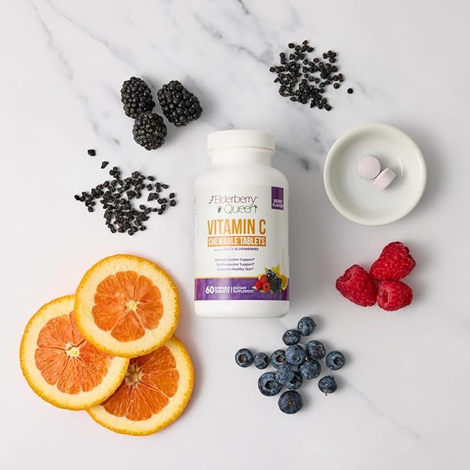 Elderberry Queen Chewable Vitamin C 500mg - Immune Boost & Antioxidant Support Tablets with Vitamin A, E & Organic Echinacea, Elder Fruit, Acerola - Natural Dietary Supplement, 60 Count