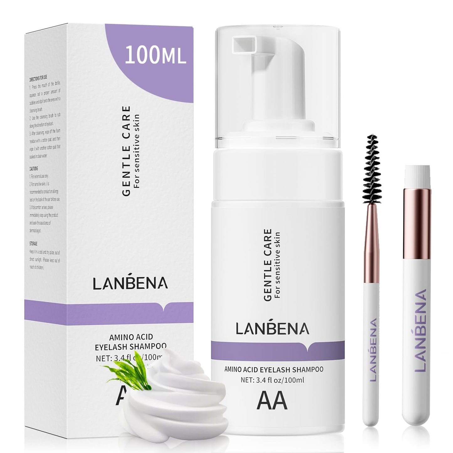 LANBENA 100ml Eyelash Extension Cleanser/Shampoo with AMINO ACID, Oil Free Foam Bath Lash Cleaning Kit with Brush,Home Salon Use