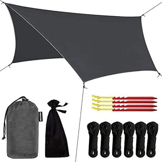 Rain Fly Tarp | Waterproof Tent Camping Shelter Canopy | Lightweight Easy Setup for Hammock, Backpacking or Camp Gear | Premium Quality 12 x 9 ft | Gray