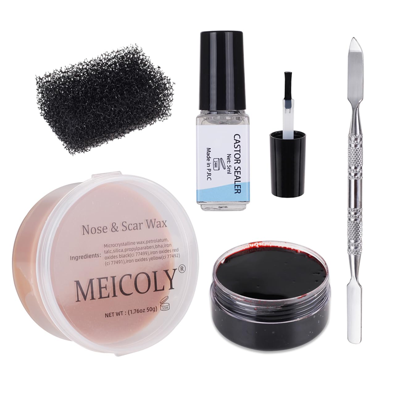 MEICOLY 5 Pcs Scars Wax SFX Special Effects Makeup Kit,Halloween Fake Blood Gel,Fake Wound Modeling Wax(1.67Oz) with Spatula,Stipple Sponge,Scab Coagulated Blood Gel(1.06Oz),5ml Castor Sealer,01