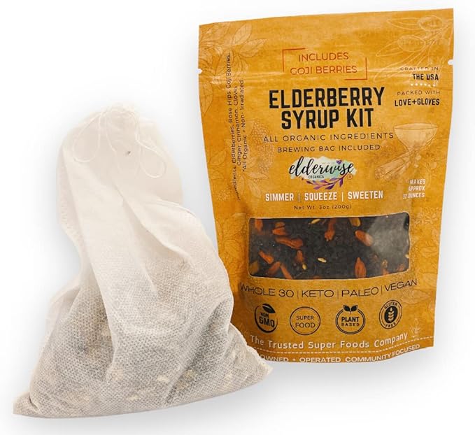 Elderwise Organics Elderberry Syrup Kit (Goji Blend) Ningxia Berry - Brew Bag Included - Organic Elderberries - Rosehips - Ginger - Wolfberry - Cinnamon - Cloves