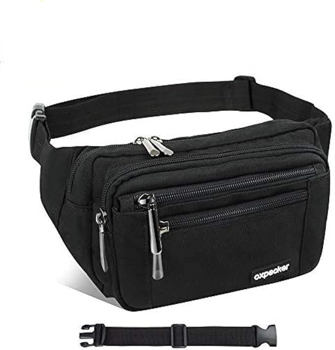 Oxpecker Waist Pack Bag with Rain Cover, Waterproof Fanny Pack for Men&Women, Workout Traveling Casual Running Hiking Cycling, Hip Bum Bag (black fanny pack&extended band)