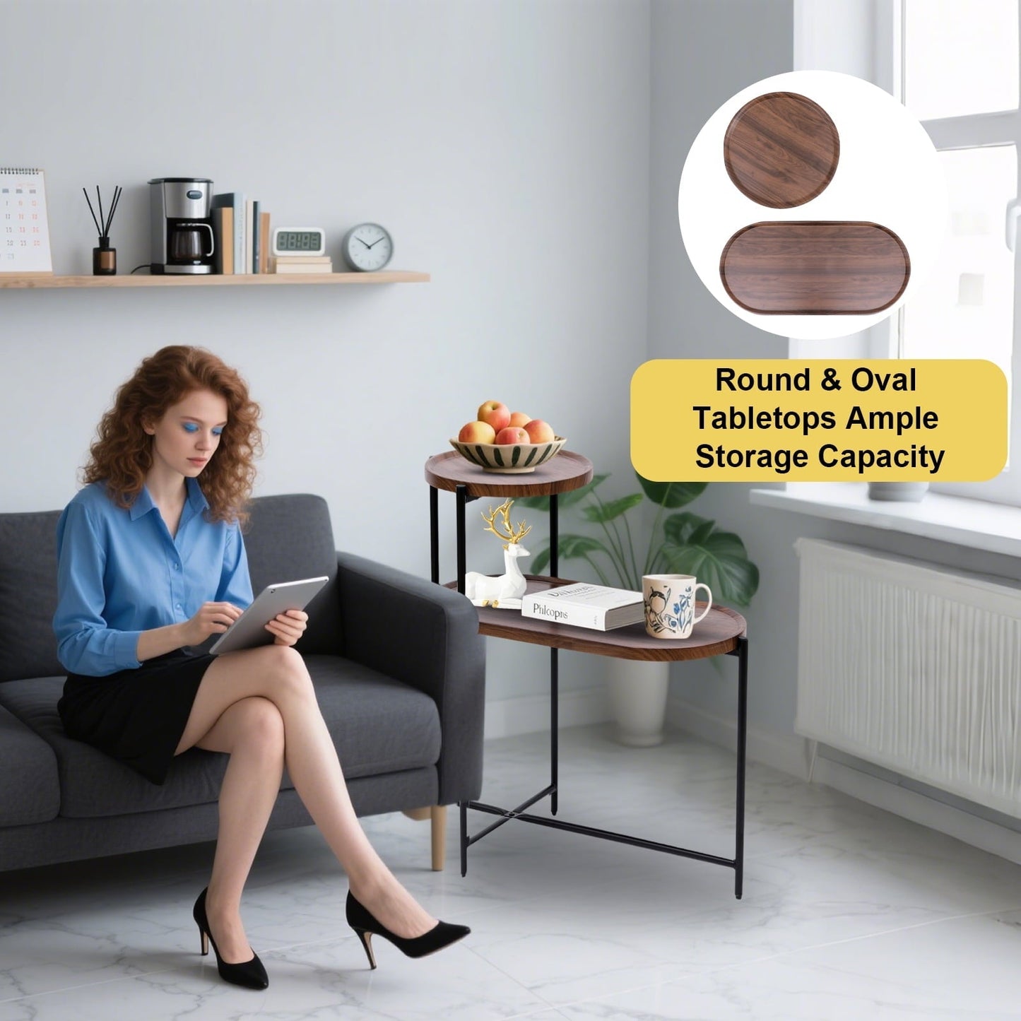 SHIBAILI Small Space 2-Tier Round Sofa Table - Brown Wood Top,Metal Frame