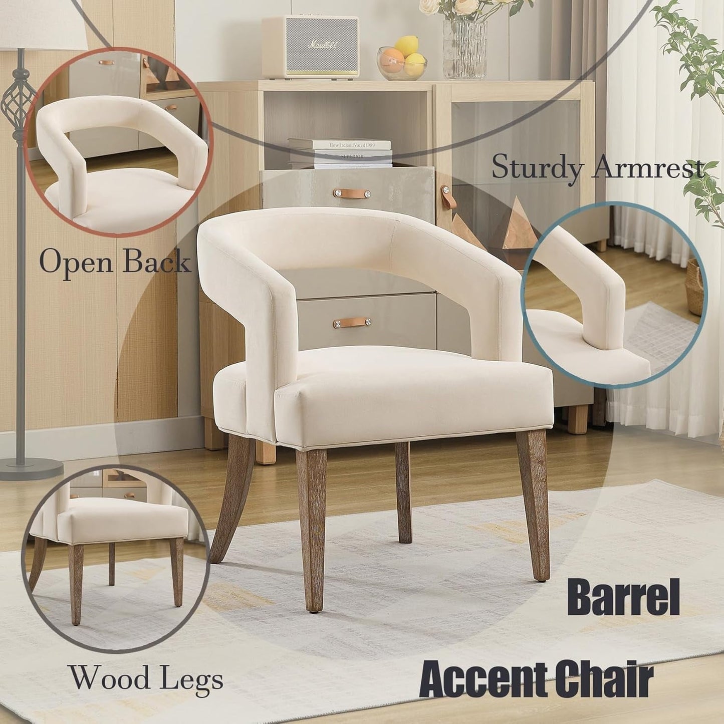 Qiushi 25.79" Wide Modern Barrel Open Back Upholstered Velvet Armchair Accent Chair with Weathered Solid Wood Legs Dining Chairs for Dining Room, Club, Kitchen, Living Room Café, Beige