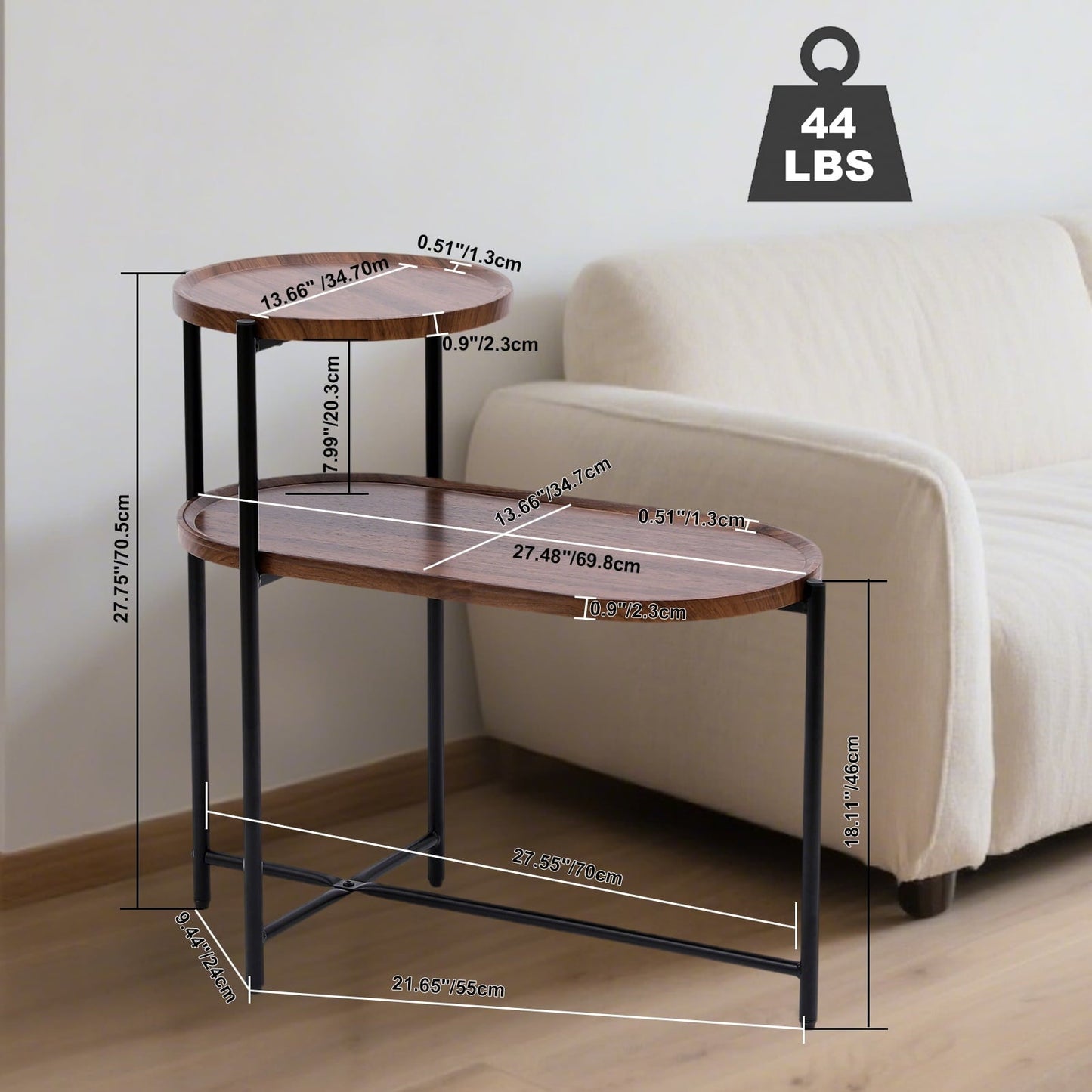 SHIBAILI Small Space 2-Tier Round Sofa Table - Brown Wood Top,Metal Frame