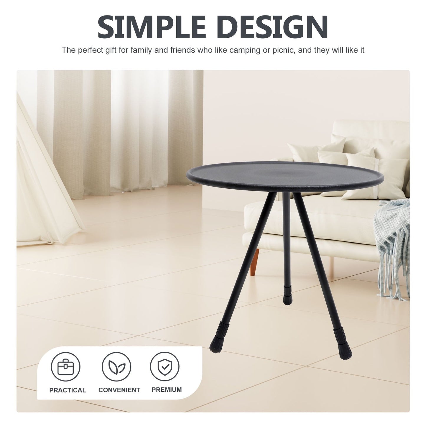 PTOOTP 1Pack Small Beach Table Black Stainless Steel Round Shape for Camping Hiking and Outdoor Use