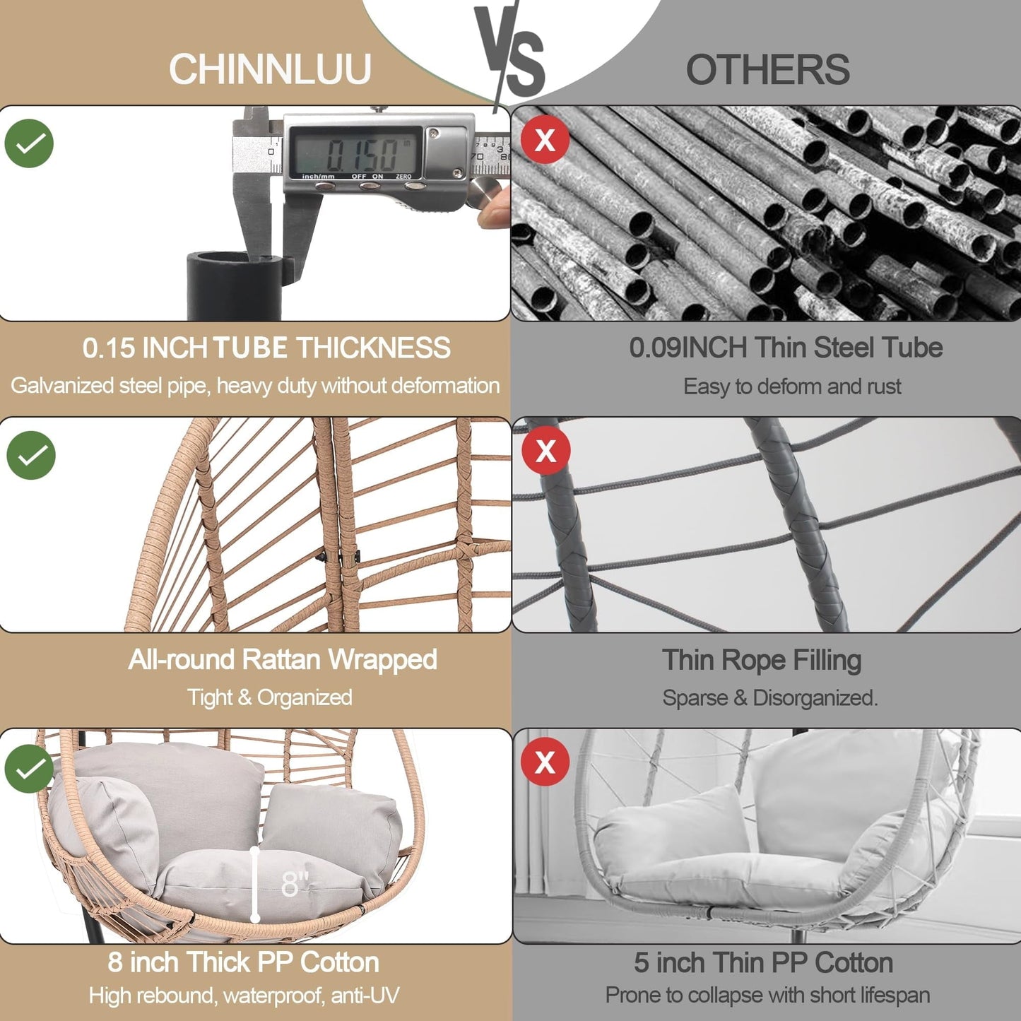 TQKVIPI Oversized Hanging Egg Chair Outdoor Indoor, Wicker Swing Egg Chair with Stand Rain Cover UV Resistant Cushion 400lbs Capacity for Bedroom, Patio, Garden and Balcony (Beige-Regular)