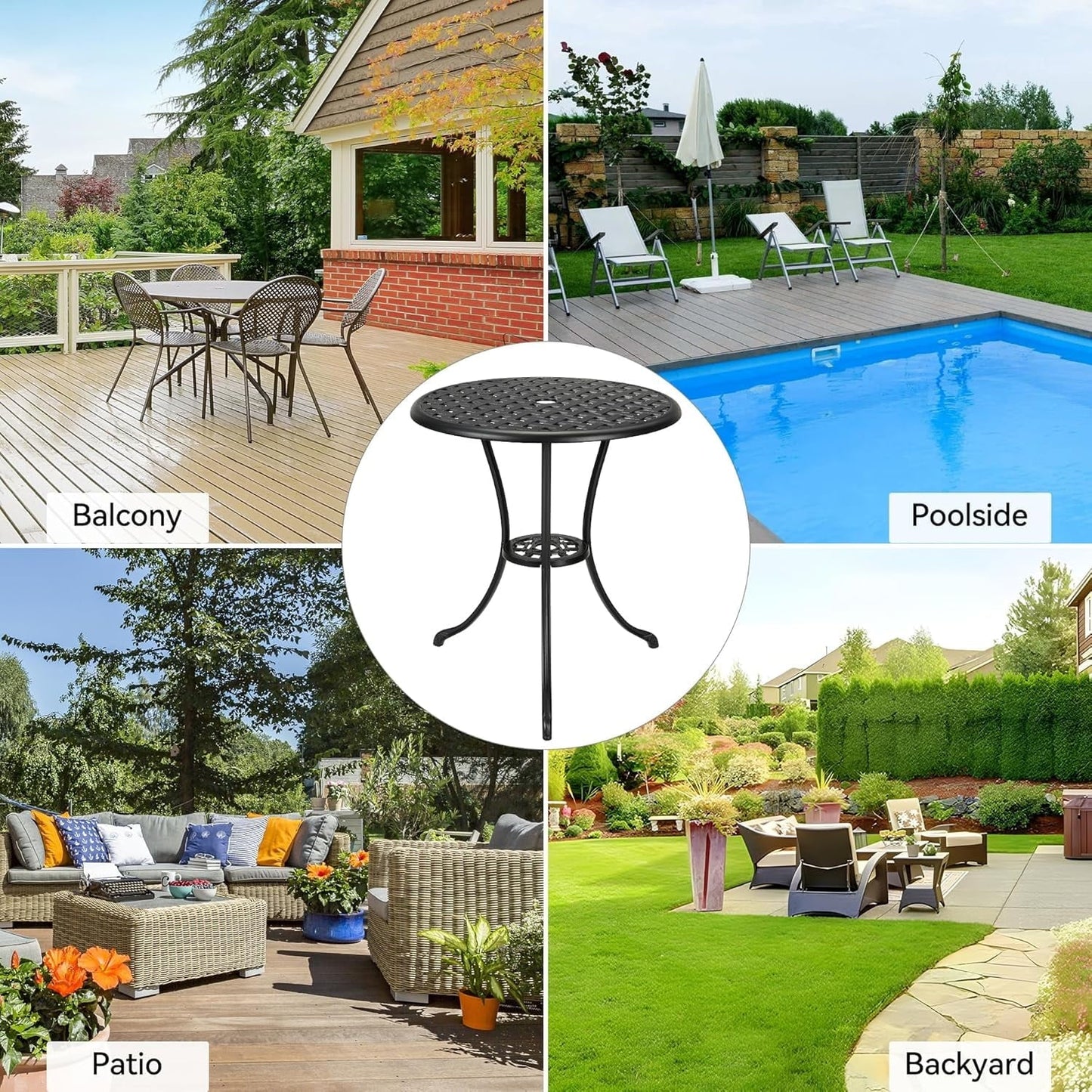 Garvee Round Patio Bistro Table 24 Inch, Cast Aluminum Outdoor Cafe Table with 2Inch Umbrella Hole, Metal Side Table for Porch,Backyard,Garden,Black