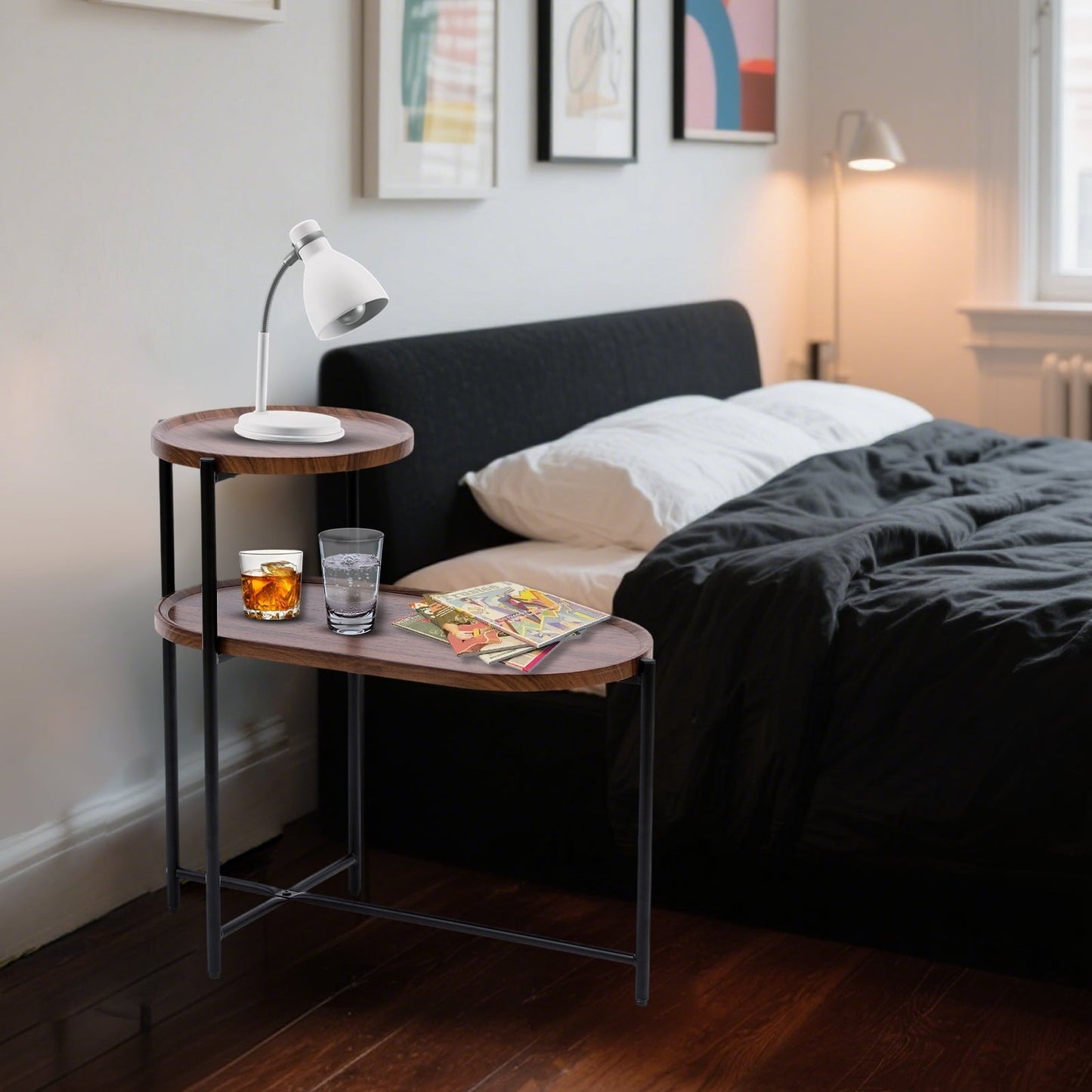 SHIBAILI Small Space 2-Tier Round Sofa Table - Brown Wood Top,Metal Frame