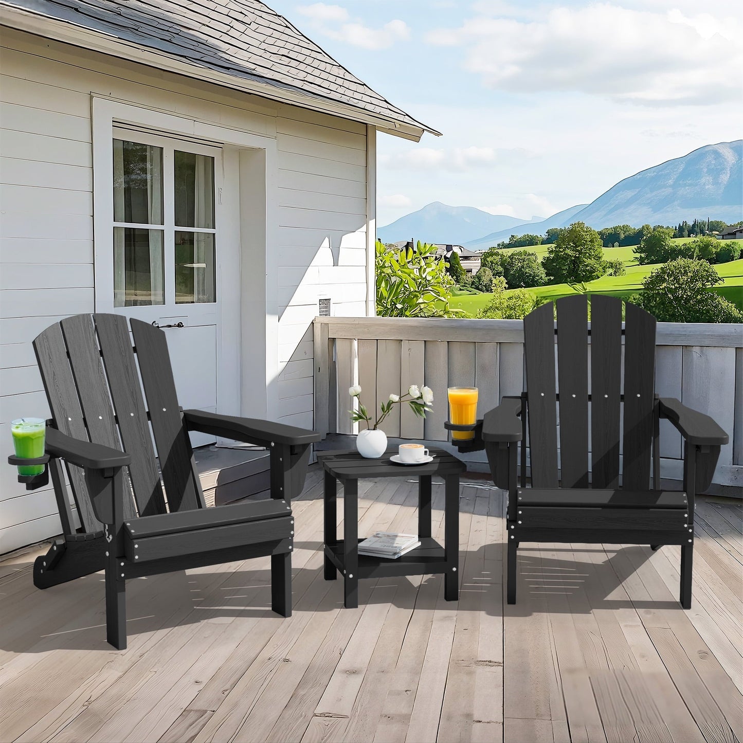 SERWALL 3PC Adjustable Folding Adirondack Chair set and Double Side Table, For Outdoor, Patio, Poolside, Garden, Black