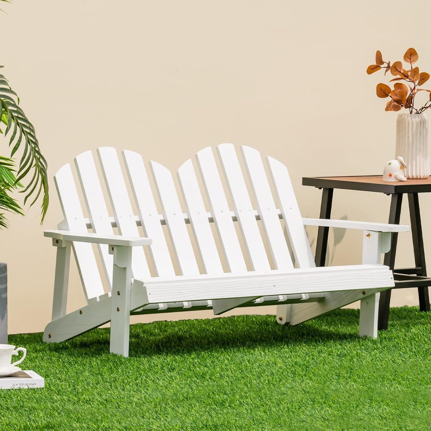 ZgoodZ Small 2-Seat Adirondack Chair - Fir Wood Double Loveseat with High Backrest,Arm Rest,300 LBS Weight Capacity, Outdoor All Weather Porch Chair for Balcony,Backyard,Poolside,Yard(Khaki Grey)