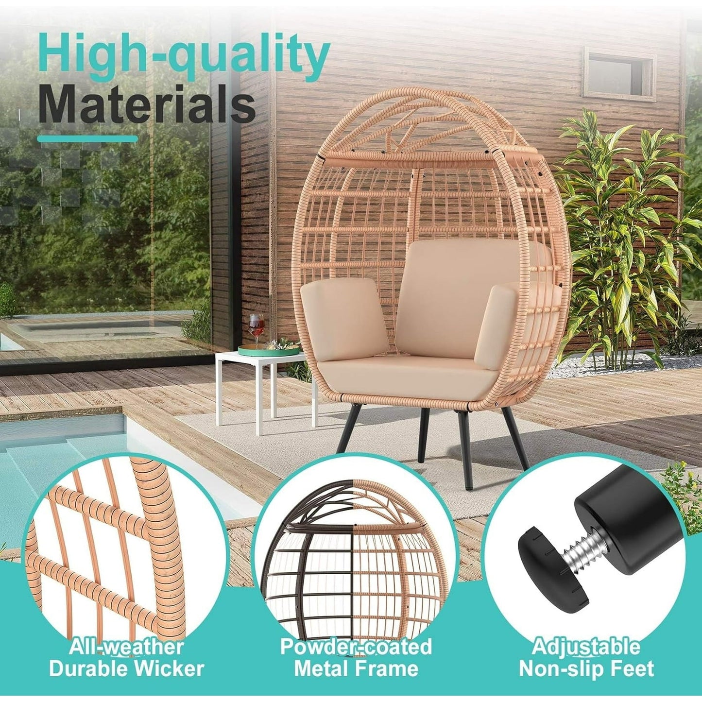 PNKKODW Wicker Standing Egg Chair w/ UV Cushions & Storage Bag, 370lb Capacity, Boho Egg Lounger for Indoor/Outdoor, Brown-Brown