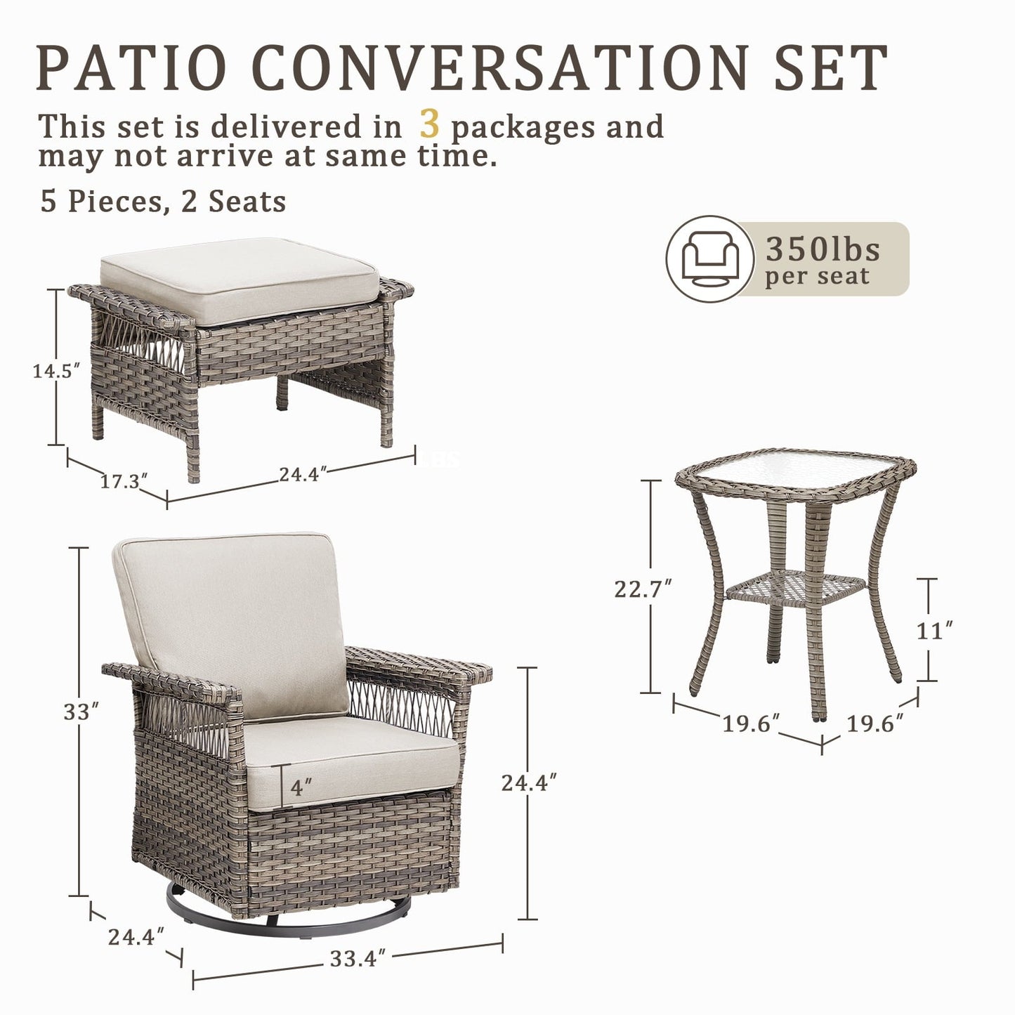 Feishominhoo Outdoor Swivel Rocker Patio Chairs,Gray Wicker Rocking Glider Chairs Set of 2 with Ottomans, Side Table and Beige Cushions Outdoor Patio Furniture for Balcony Porch Deck