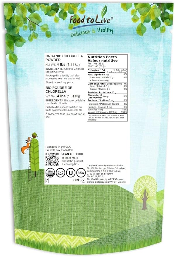 Food to Live Organic Chlorella Powder, 4 Pounds — Non-GMO, Kosher, Raw Green Algae, Vegan Superfood, Bulk, Pure Vegan Green Protein, Rich in Vitamins and Minerals, Great for Drinks, Broken Cell Wall