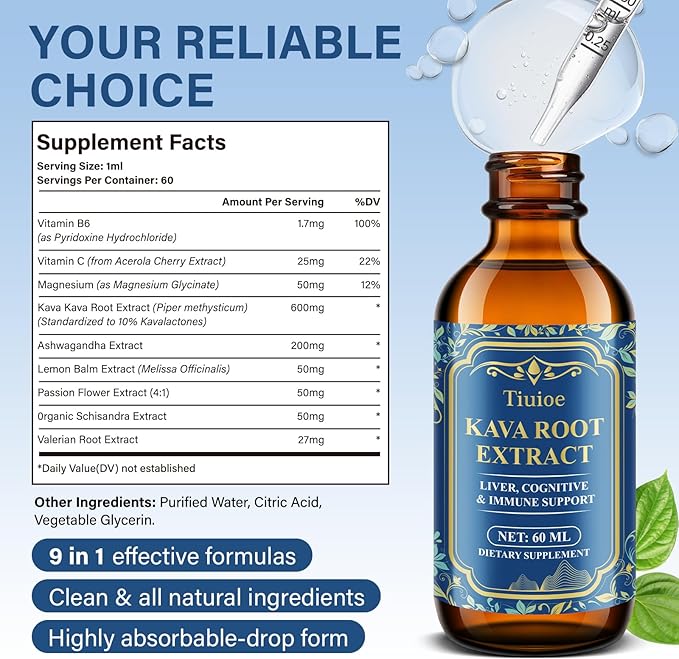 Potent Kava Kava Drink, Kava Drops with High Concentration of Kava Root, Ashwagandha, Lemon Balm, Valerian Root, Kava Extract for Immune Health, Vegan & Alcohol Free, 60ml