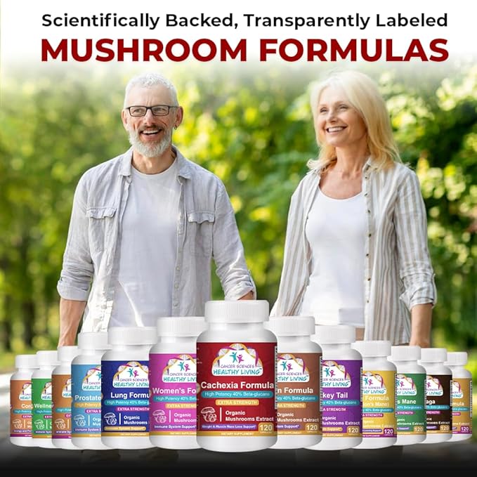 CANCER SCIENCES Cachexia Supplement, USDA Certified Organic Mushrooms Extract Capsules, Extra Strength 1,500 mg, High Potency 40% Beta-Glucans, Immune & Metabolic Support, Weight & Muscle Mass Support