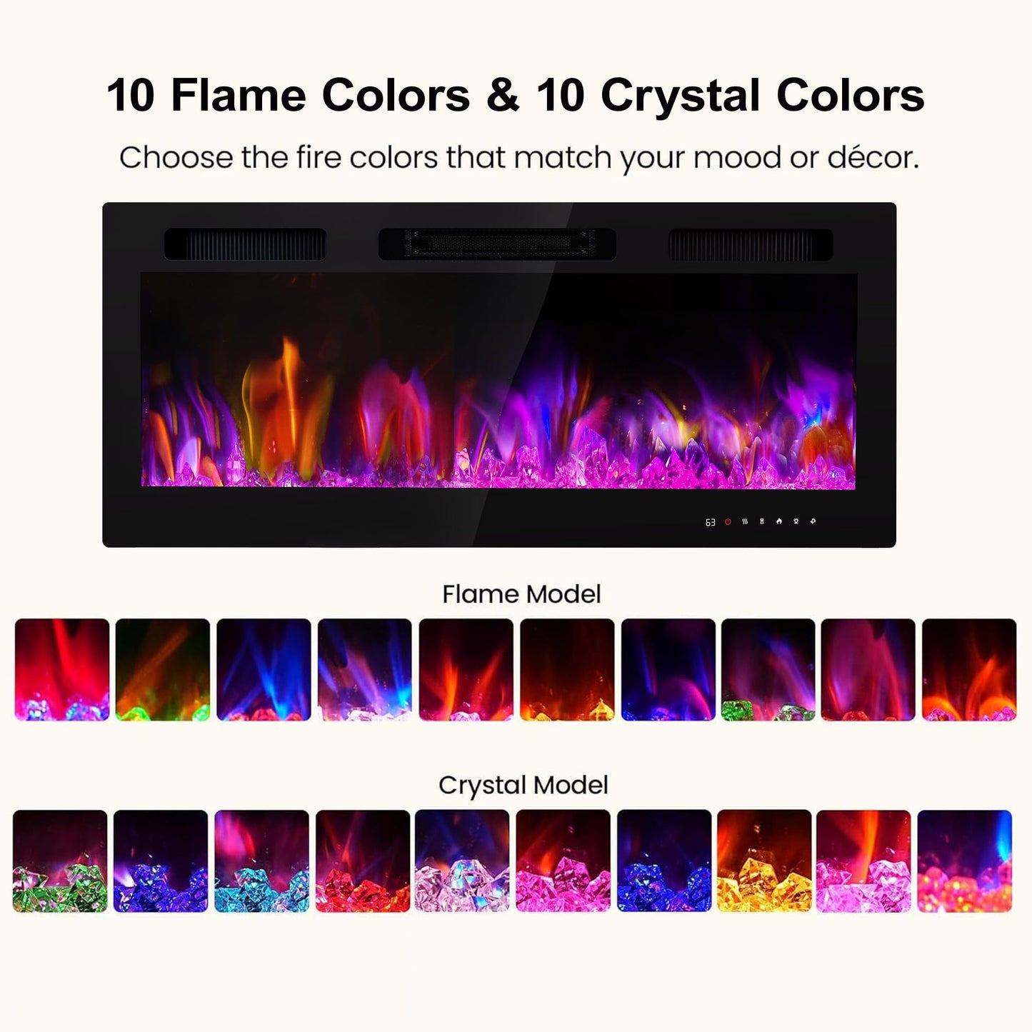 Electric Fireplace Wall Mounted 50 Inch Realsmart 750/1500W Insert Fireplaces Recessed Heaters Slim Black Fireplace Remote Control Touch Screen Timer 10 Flame Colors LED Decor Low Noise