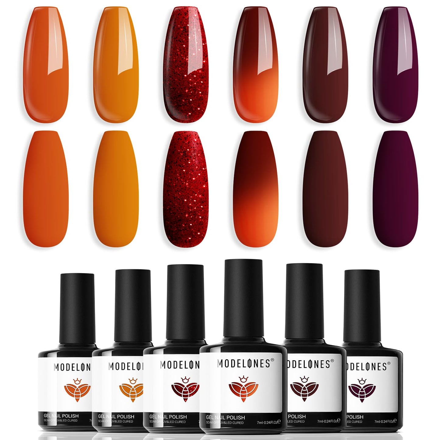 modelones Gel Nail Polish Set 6 Colors, Glitter Red Orange Burgundy Turkey Pumpkin Color Changing Gel Polish Kit Soak Off Nail Art Manicure Home Gift for Women Girl