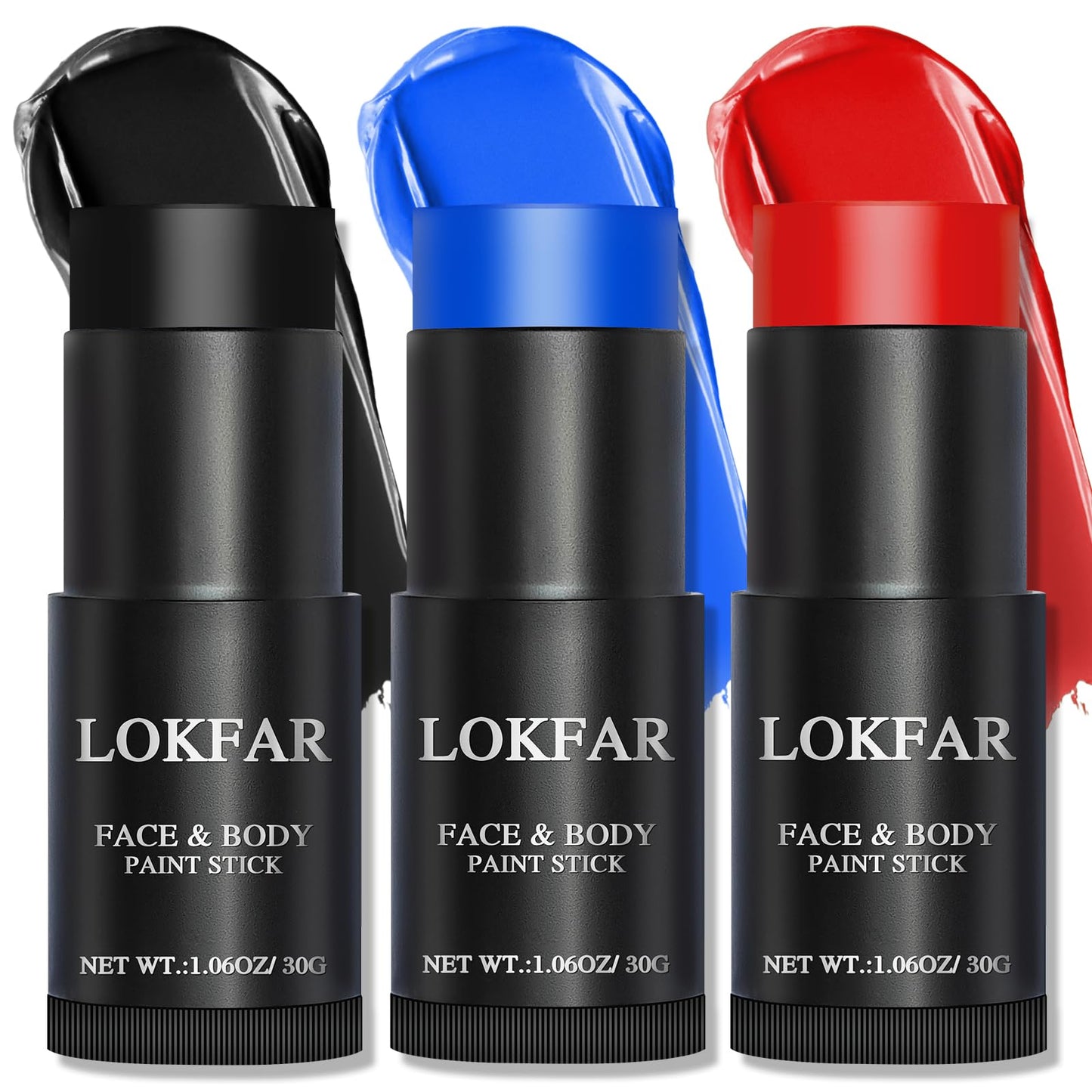 LOKFAR Red & Blue & Black Face Body Paint Stick, Football Baseball Eye Black Stick for Sports, Professional Halloween Face Makeup Kit for Zombie Clown Vampire Harley Quinn Joker Costume Makeup