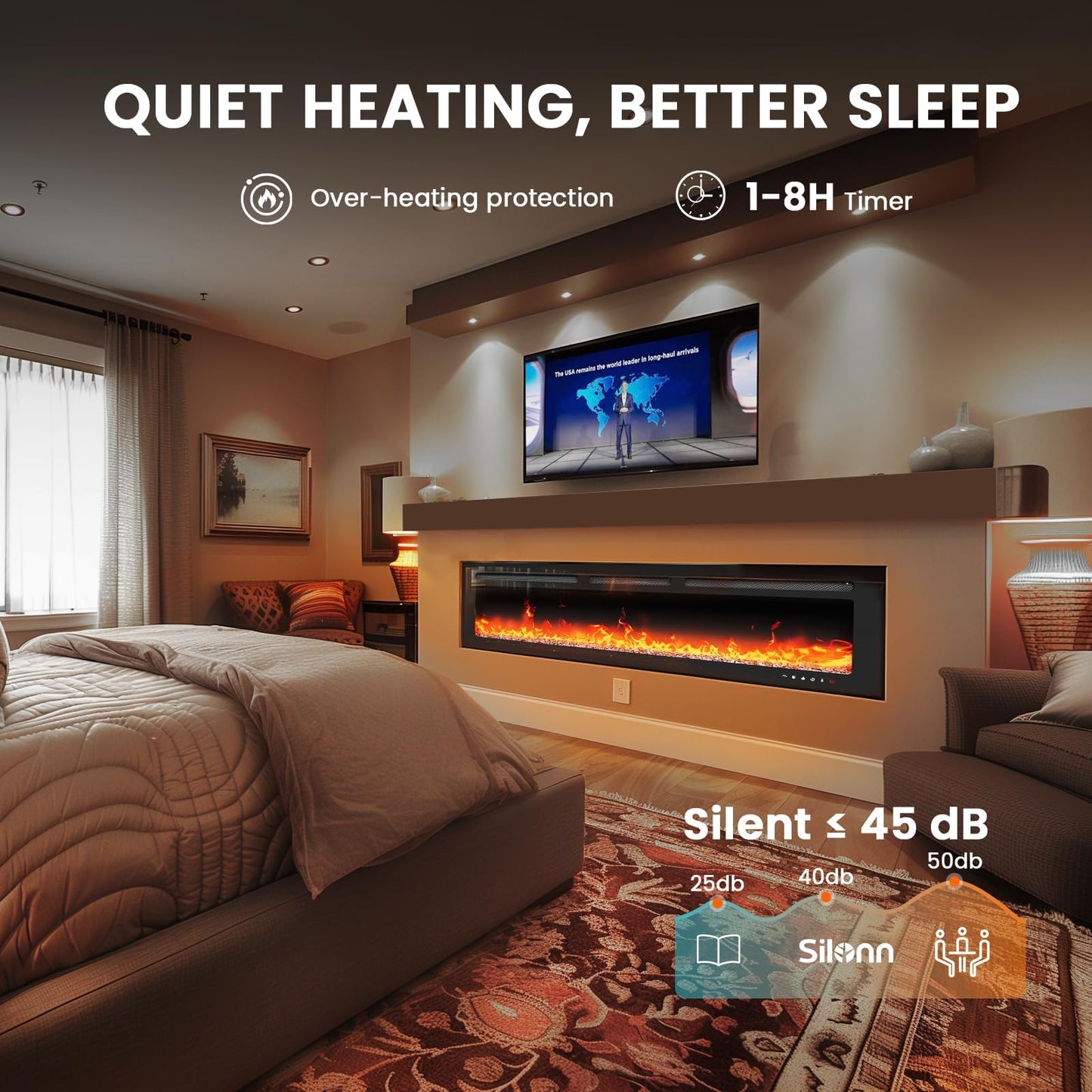 Totnz 50″ Electric Fireplace Heater with App & Remote Control, 5300 BTU Heat Output, Ultra-Slim Wall-Mounted or Recessed Electric Fireplace Inserts with Timer, 20 Flame Colors,SLELF02B-50