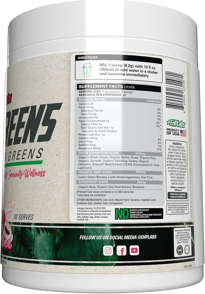 EHP Labs OxyGreens Super Greens Powder - Spirulina & Chlorella Superfood, Green Juice Powder & Greens Supplements with Prebiotic Fibre, Antioxidants & Immunity Support, 30 Serves (Lychee)