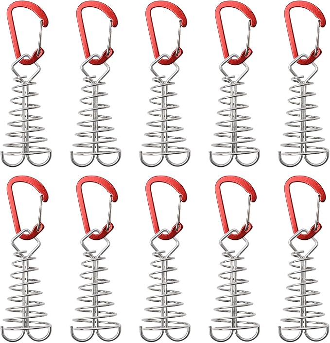 MOROBOR Red Deck Anchor Pegs, 10 PCS Windproof Aluminium Alloy Fish Bone Tent Stakes with Spring Buckle Portable Adjustable Octopus Wind Rope Anchor for Outdoor Camping(Square Top)