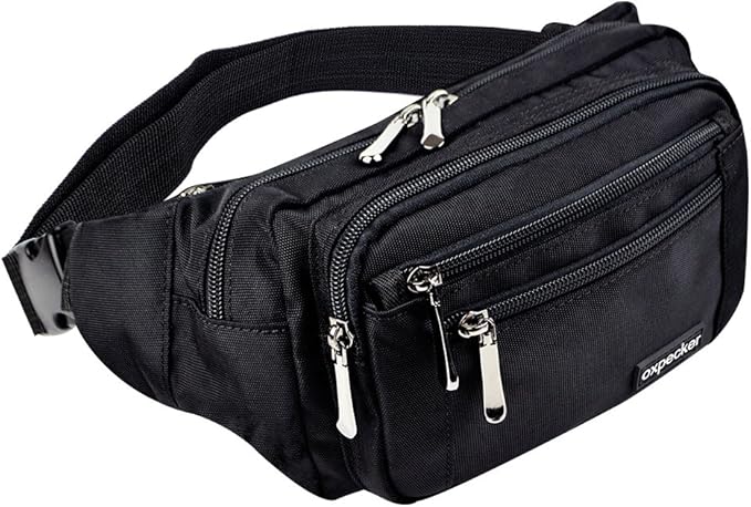 Oxpecker Waist Pack Bag with Rain Cover, Waterproof Fanny Pack for Men&Women, Workout Traveling Casual Running Hiking Cycling, Hip Bum Bag (black)