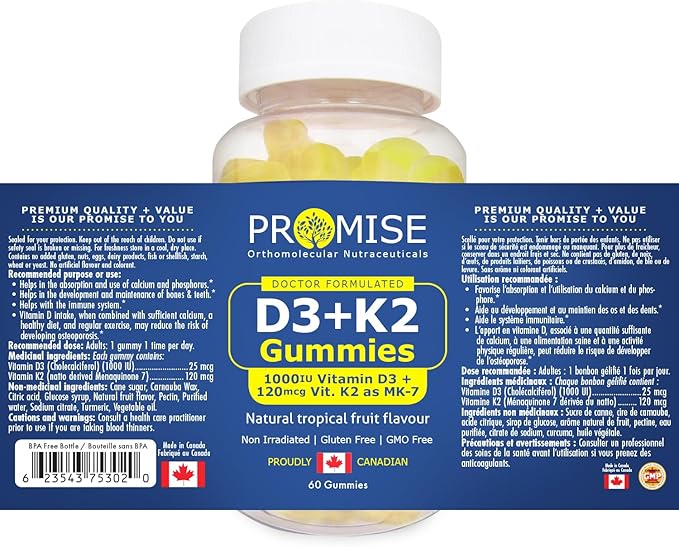 Promise D3+K2 Vitamin Gummy, 1000IU Vitamin D3 + 120mcg VIT K2 as MK-7, Natural Tropical Fruit Flavour, Made in Canada (60 Gummies)