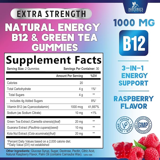 Energy Gummies Vitamin B12 1000 mcg, Green Tea Natural Caffeine Support, Extra Strength Daily Energy Vitamins, Delicious Berry Flavor Gluten Free Chewable Supplement for Cycling & Running - 60 Chews