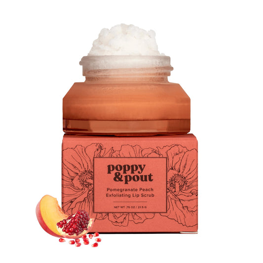 Poppy & Pout Natural Lip Scrub, Moisturizing Sugar Scrub for Dry Lips, Lip Scrubber Exfoliator with Essential Oils Smooths and Hydrates Lips, In Recyclable Glass Jars, Cruelty Free - Pomegranate Peach