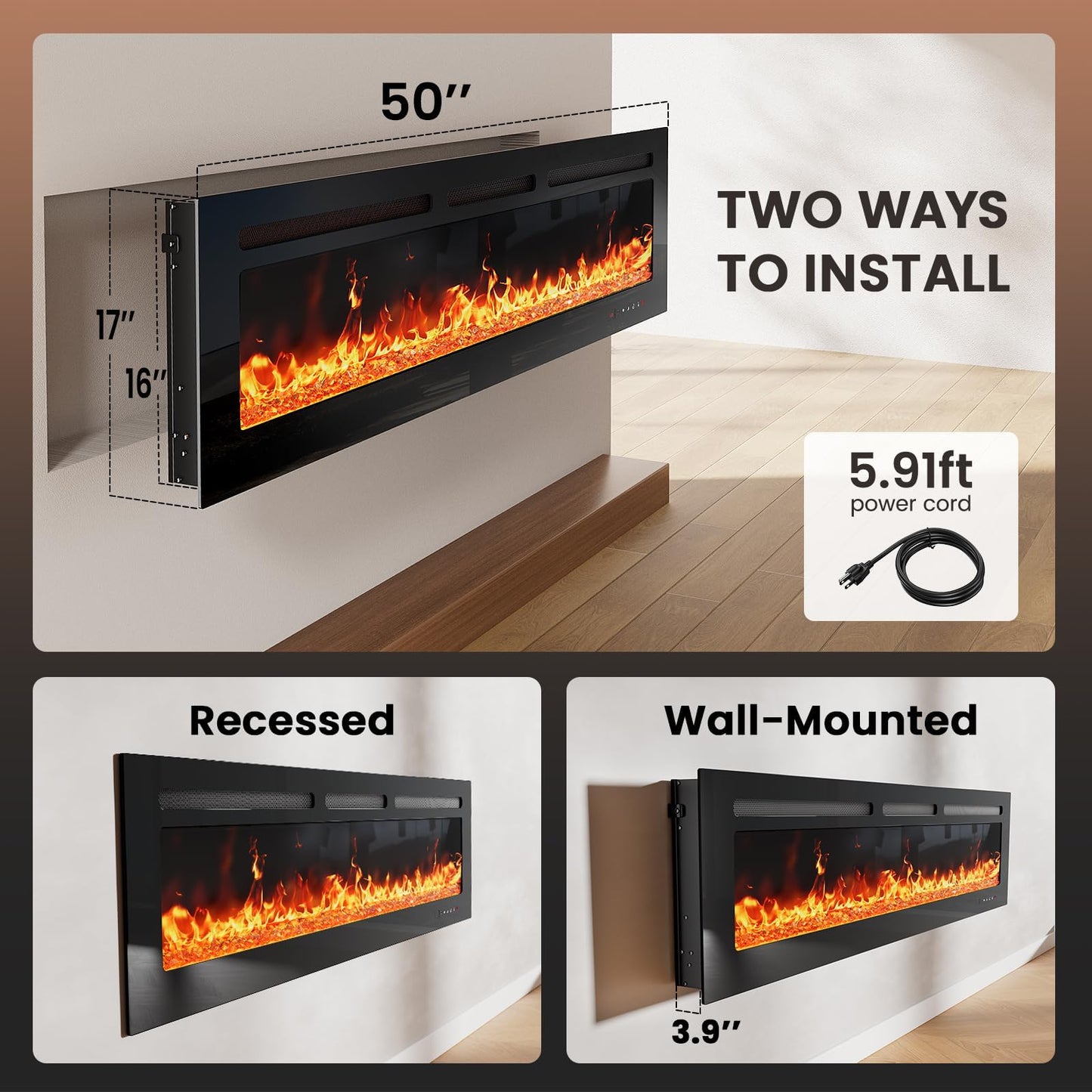 Totnz 50″ Electric Fireplace Heater with App & Remote Control, 5300 BTU Heat Output, Ultra-Slim Wall-Mounted or Recessed Electric Fireplace Inserts with Timer, 20 Flame Colors,SLELF02B-50