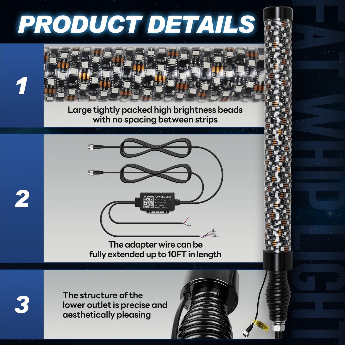 Elesovu 2PCS 3FT Fat LED Lights with Spring Base, RGB Chasing Lighted Antenna Whips with App & Remote Control, Music Lights for UTV ATV Can-Am Truck