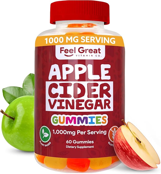 Feel Great Vitamins Apple Cider Vinegar Gummies – ACV with The Mother for Digestive Support & Daily Wellness – Vegan, Non-GMO, 60 Gummies