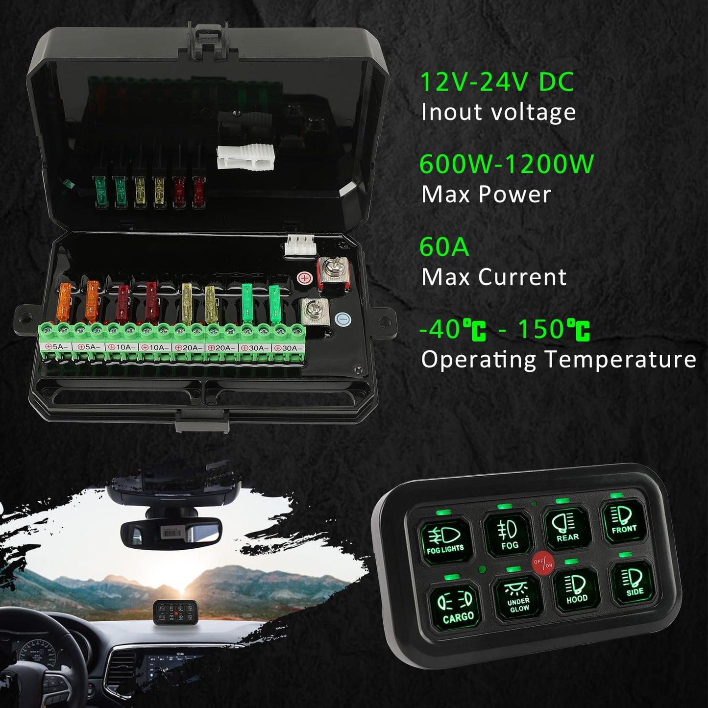 SUNPIE 8 Gang Switch Panel RGB, Toggle Momentary Pulsed Multifunction Bluetooth Switch Panel for Jeep Car SUV ATV UTV Boat Marine, Universal 12V Circuit Control Relay System Box Waterproof