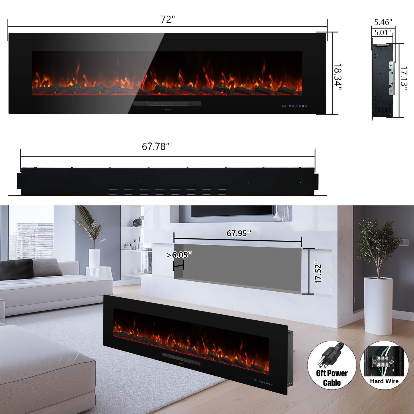 Dreamflame 72" Electric Fireplace, Recessed & Wall Mounted Fireplace Heater 13 * 13 Colors Flame &Fuel Bed w/5 Dimmer, Touchscreen &Remote Control Temp, Overheating Protect, Hardwired, 1500W, Black