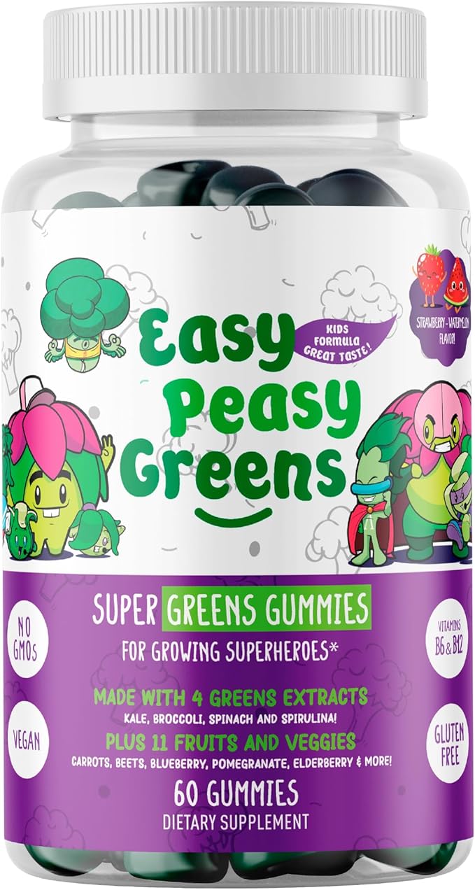EasyPeasyGreens Daily Veggie Gummies for Kids - 60 Greens Gummies - Helps Picky Eaters Get Their Veggies in - Made with 10 Real Vegetable Extracts and 100% Vegan