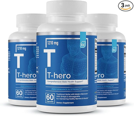 Essential Elements Male Health Supplement - Muscle Support & T-Health with DIM, Ashwagandha, Shilajit, More | T-Hero 60 Vegan Capsules (3-Pack)
