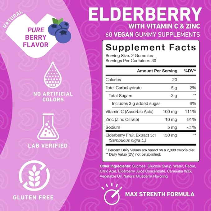 Elderberry Gummies with Sambucus, Vitamin C, and Zinc – Your Perfect Daily 3-in-1 Supplement for Kids & Adults – Gluten Free, Non-GMO, Vegan, 60 Count