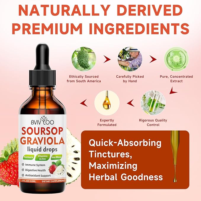 Soursop Graviola Liquid Drops for Cell Support & Regeneration, Immune Boost, Relax, Liver and Sleep, Soursop Bitters Liquid, Sugar/Gluten Free, Natural Strawberries Flavor - 2 Fl Oz (60ml) Bottle