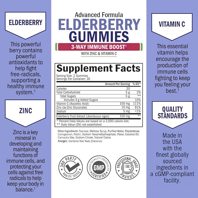 Elderberry Gummies with Zinc and Vitamin C for Adults & Kids - Natural Immune Support - Black Sambucus Elderberries - Powerful Multiminerals Supplement - Gluten-Free, Non-GMO, Vegan Friendly, 60ct