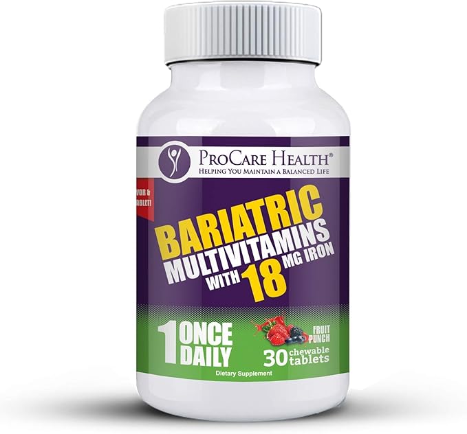 ProCare Health Bariatric chewable Multivitamin with Iron 18mg (30 Tablets) - Fruit Punch Flavor Bariatric Multivitamin Chewable for Gastric Bypass & Sleeve Gastrectomy Patients* (1 Month Supply)