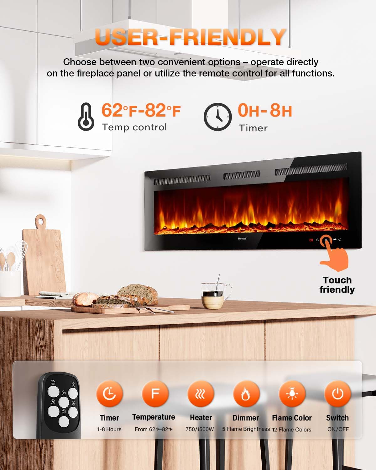 Electric Fireplace 60Inch,Realistic Flame Electric Fireplace Heater,Log Set,Crystal Flames 750-1500W with Timer Inserts,Wall Mounted,TV Stand Touch Screen & Remote for Living Room Easy Install
