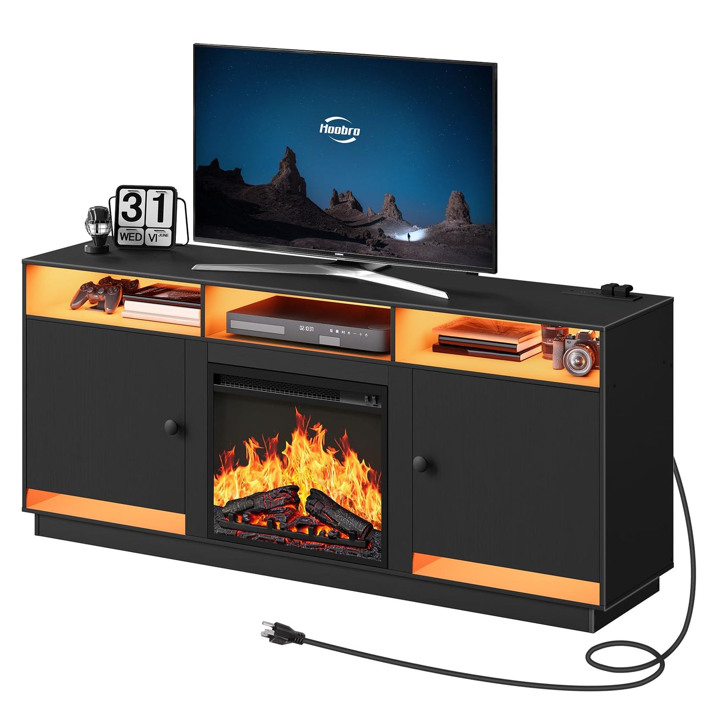 HOOBRO Electric Fireplace TV Stand with Charging Station and LED Lights, Black TV Stand with Fireplace for 32" 43" 50" 55" 65", Entertainment Center with Adjustable Glass Shelves, Black BK88UDDS01