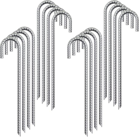 Rebar Stakes 12 Inch 16 Pack Tent Stakes Heavy Duty Metal J Hook, Fence Stakes for Trampoline, Fence, Camping Tent (16, 12")