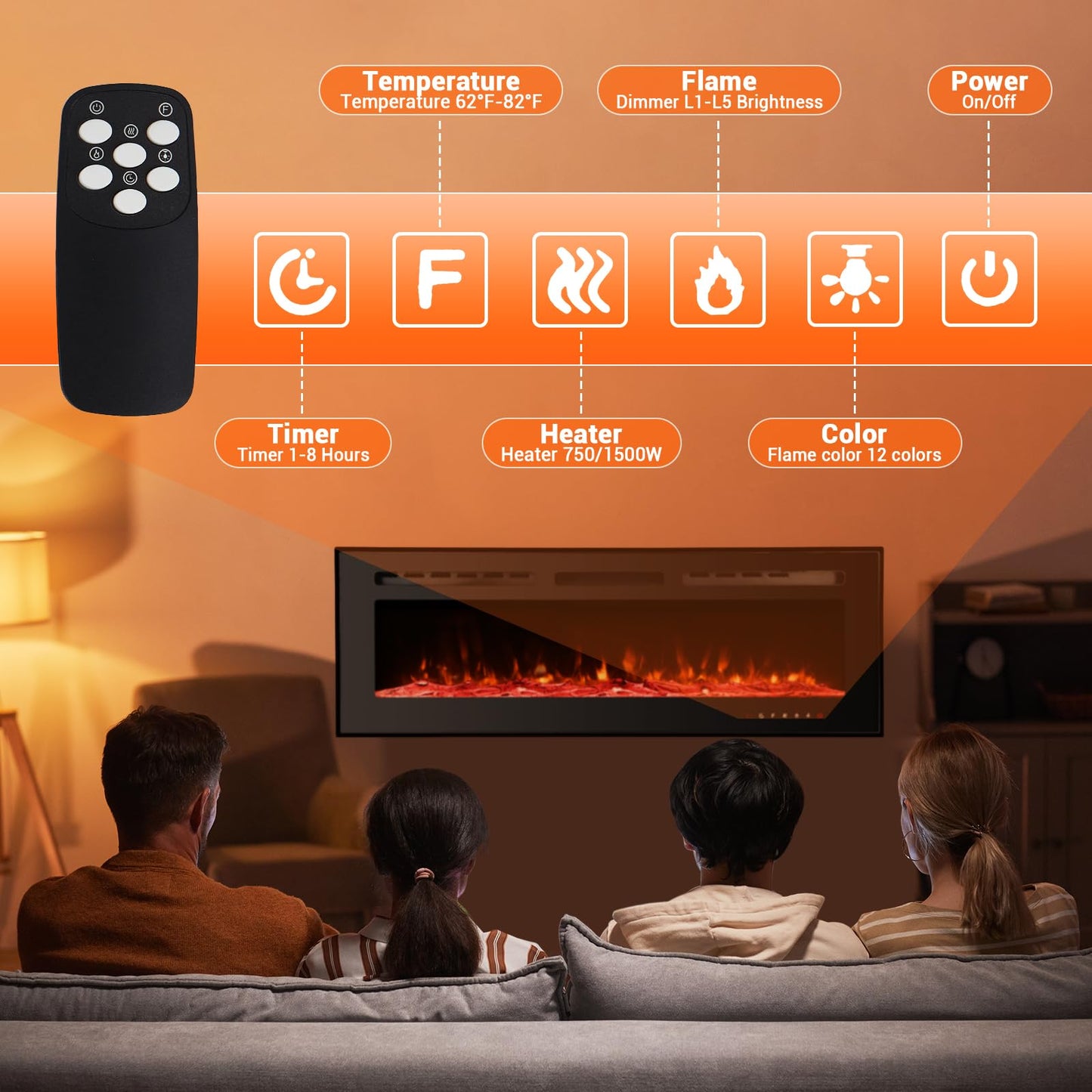 Takywep Electric Fireplace, 60 Inches, 5120 BTU Heat Output, 12 Flame Color, Black, Wall-Mounted or Recessed, Timer, Quiet Operation, Multicolor Flame, Faux Logs, Crystal Stones