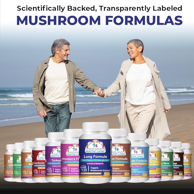 CANCER SCIENCES Lung Health & Wellness Supplement, USDA Certified Organic Mushrooms Extract, 1,500 mg Extra Strength, High Potency 40% Beta-Glucans, Immune Support, Healthy Lungs Booster, 120 Capsules