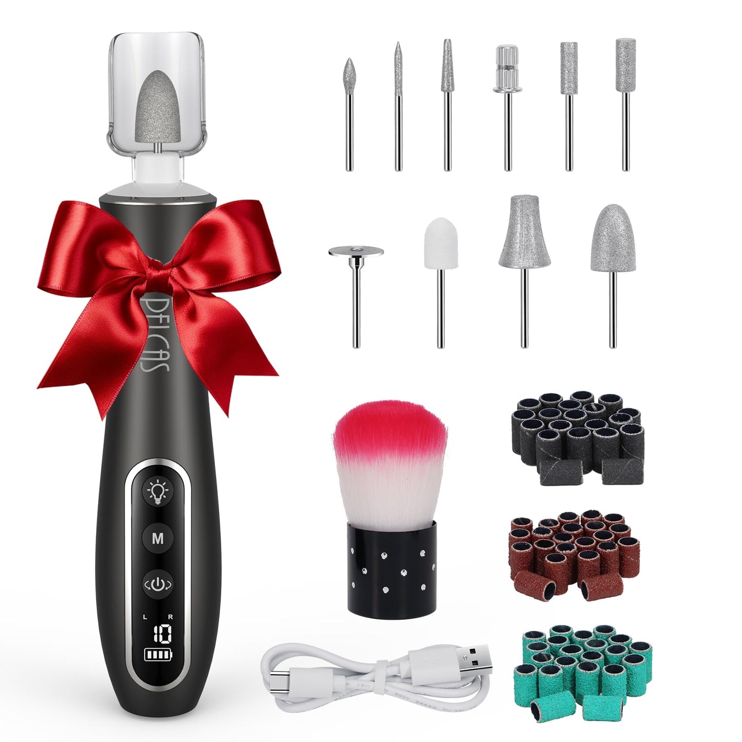 PELCAS Electric Nail Drills, Professional Cordless Nail File Kit With Light, 10 Speeds Manicure & Pedicure Kit For Human, Pet, Thick Toenails, Natural & Acrylic Nails Grey